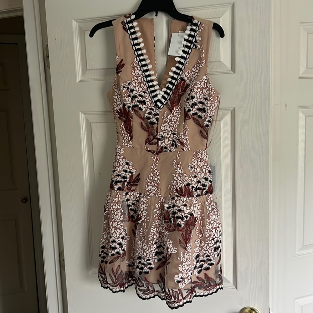 Harlyn tan and maroon lace dress with embroidery